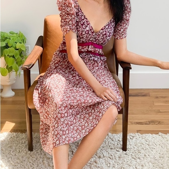 Anthropologie Dresses & Skirts - Anthropologie En Saison Red Ditzsy Midi Dress Sz XS Floral Chiffon Pleated Skirt